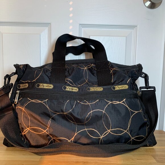 LeSportsac Black & Gold Geometric Nylon Duffel Bag – Weekender Travel Tote w/ St - Picture 9 of 12